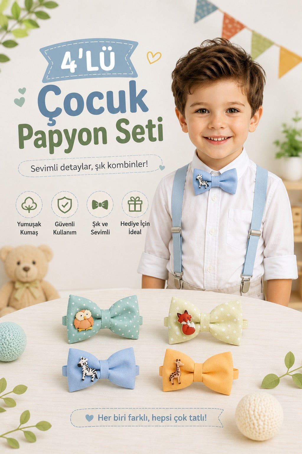 Safari Dostları 4'lü Çocuk Papyon Seti 🦒