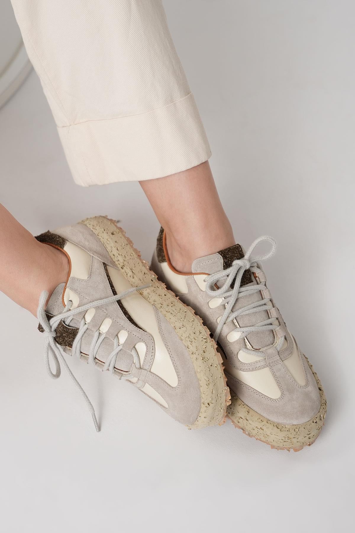 Rayn Kadın Bej Yeşil Gerçek Deri Sneaker
