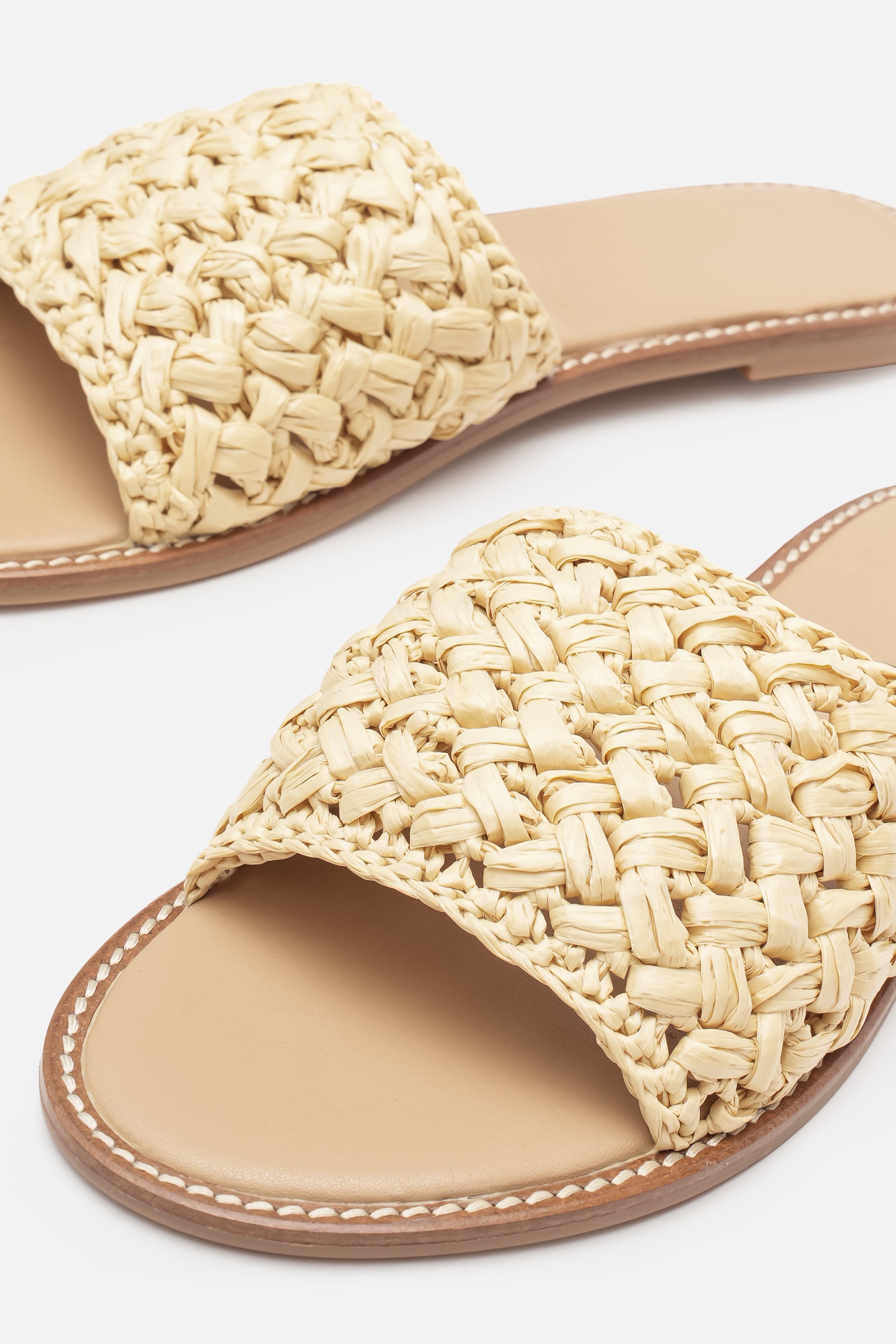 Woven Daily Hasır Örgü Detaylı Hakiki Deri Naturel Kadın Terlik