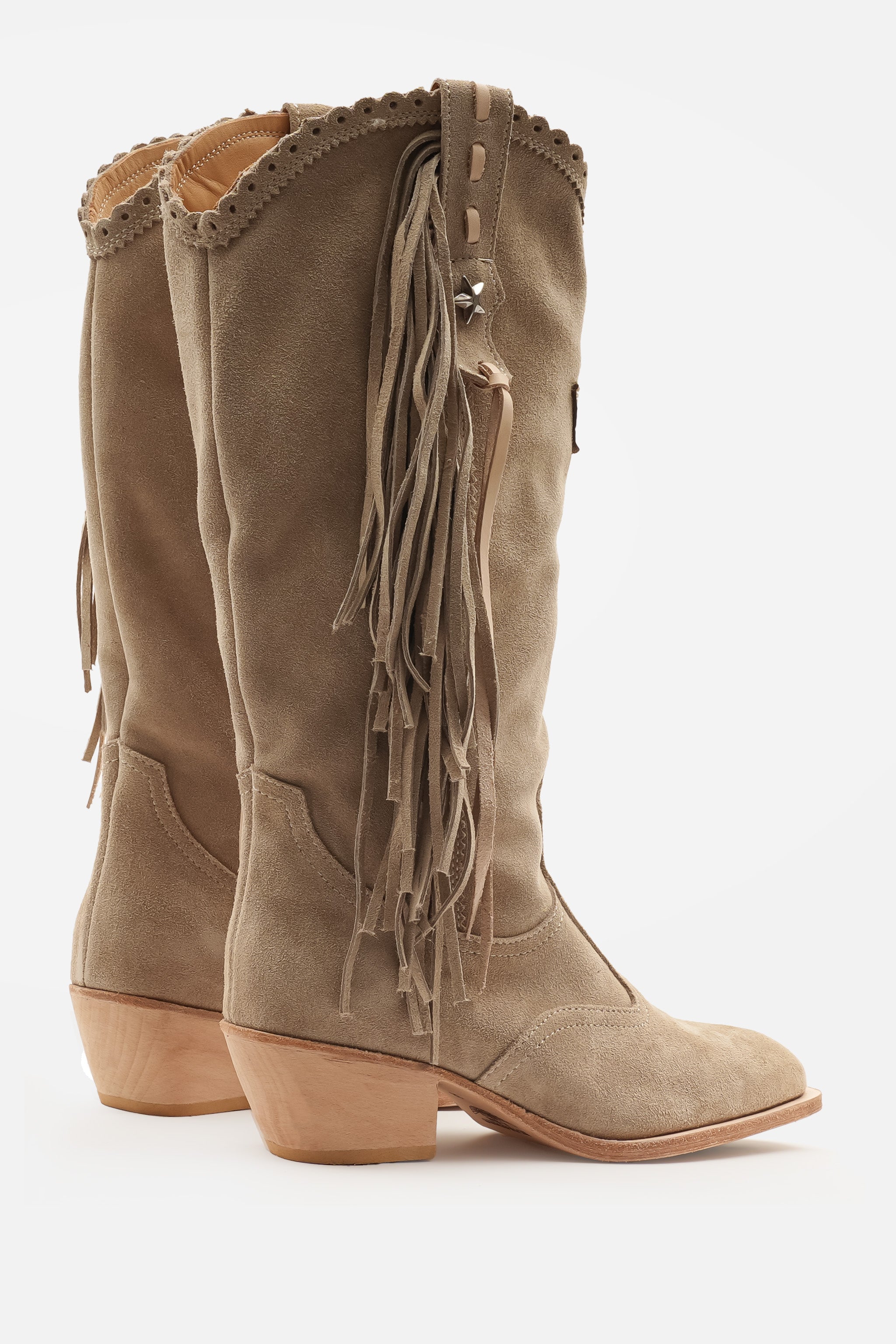 Sara Handgefertigte Wildleder-Cowboystiefel aus echtem Kalbsleder mit Ledersohle und Quasten