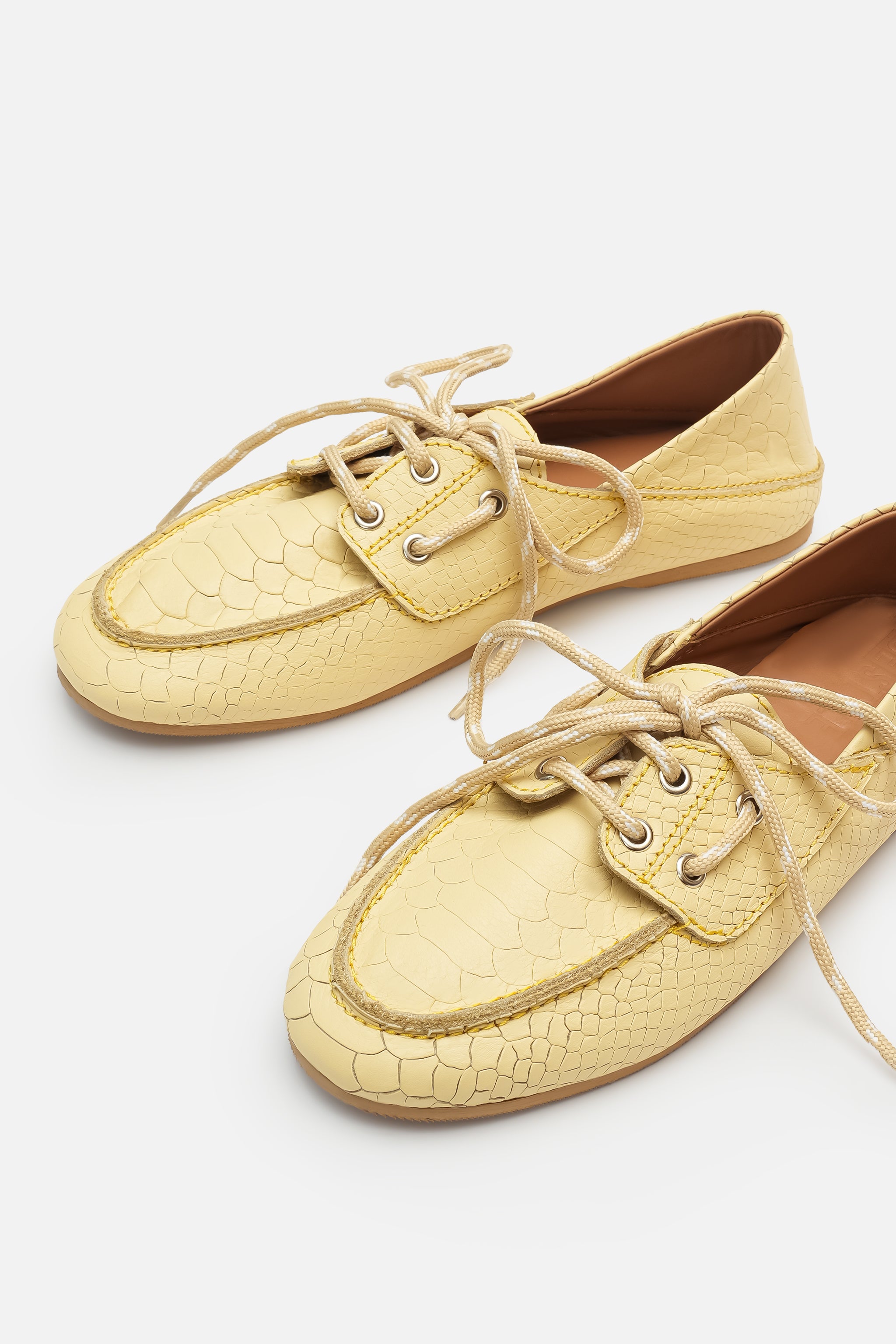 Croco Lace Up Hakiki Deri Butter Yellow Makosen
