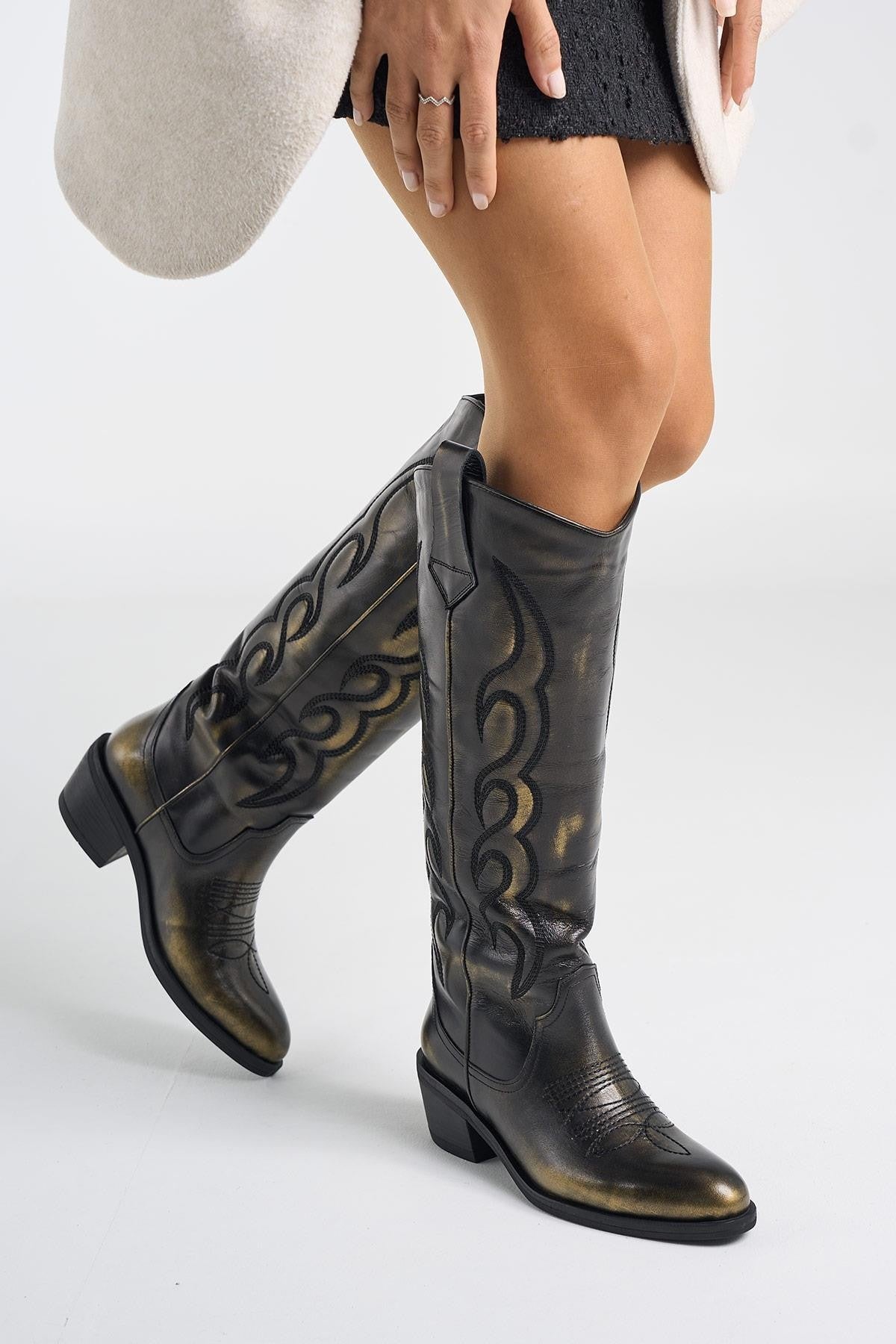 Slinky Kadın Altın Metalik Gerçek Deri Western Çizme