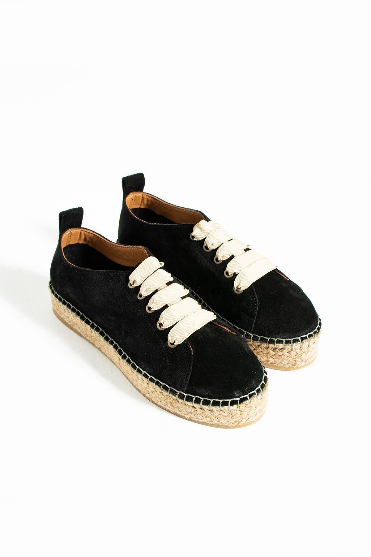 Sandy Damen Schwarze Echt Wildleder Bast Espadrille mit flachem Absatz