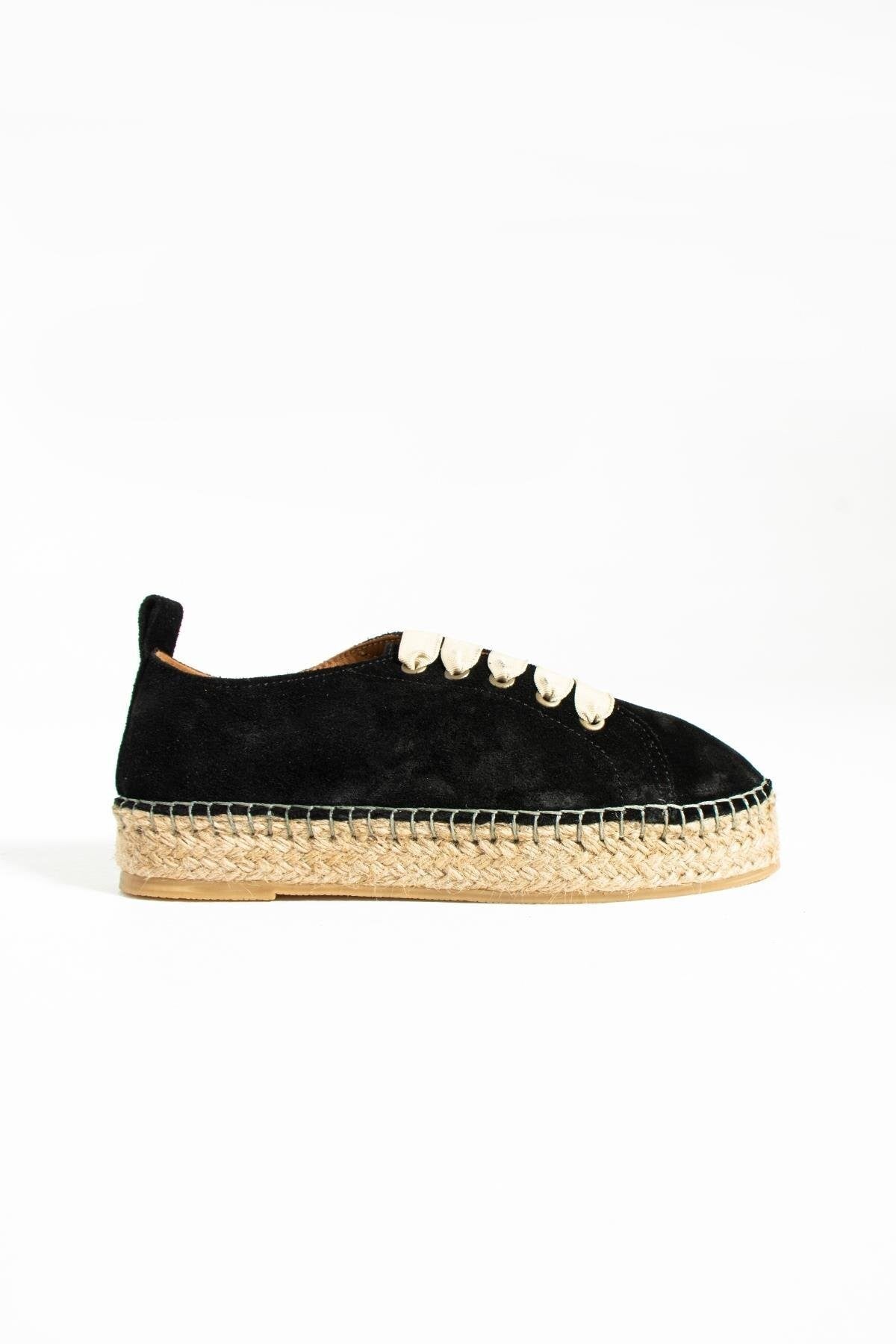 Sandy Damen Schwarze Echt Wildleder Bast Espadrille mit flachem Absatz