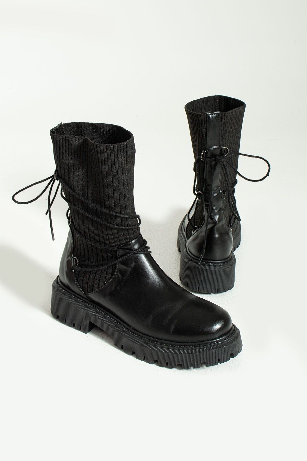 Tish Damen Chelsea-Boot Schwarz Strick Mit Schnürdetail