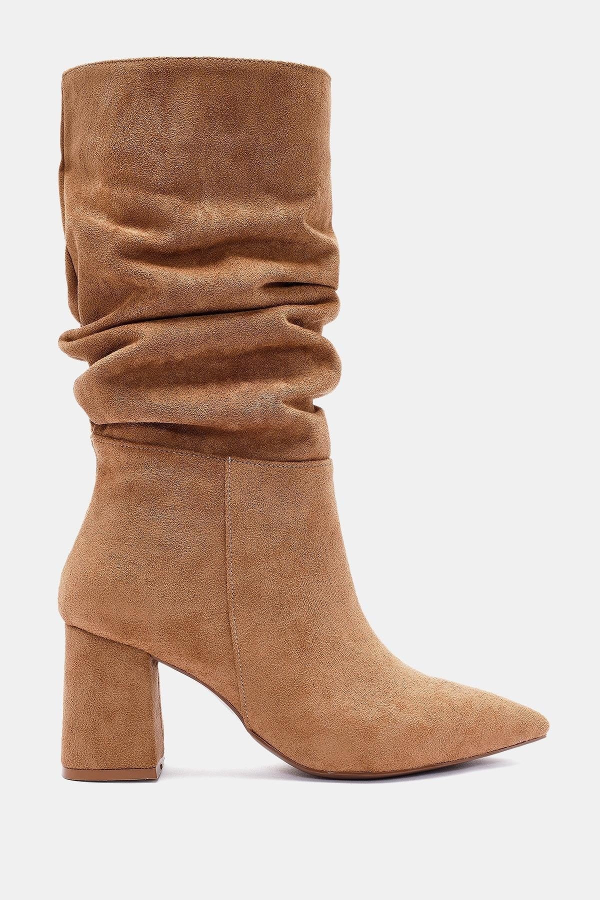 Luna Kadın Camel Sivri Burun Kalın Topuklu Çizme