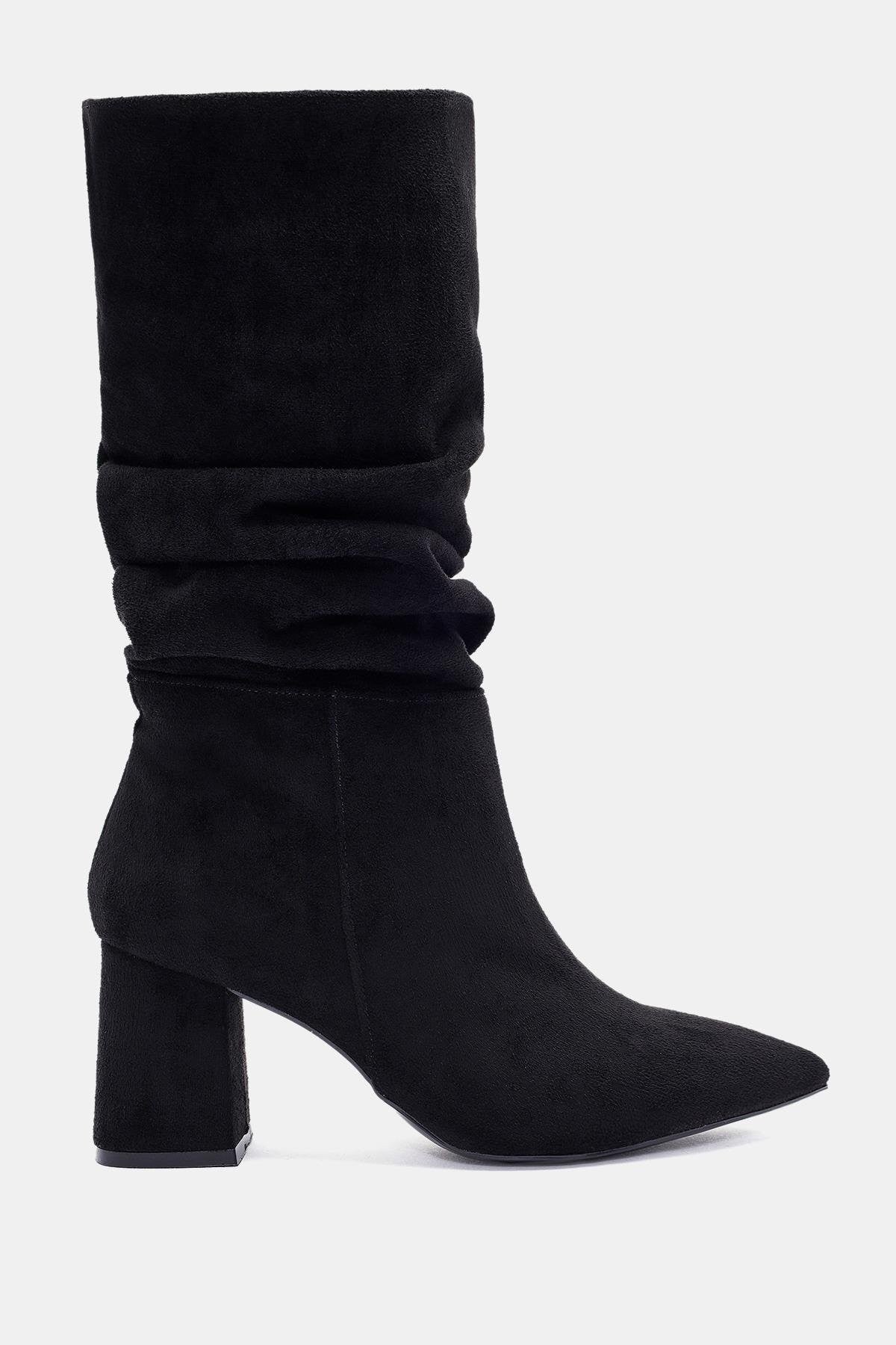 Luna Kadın Siyah Süet Sivri Burun Kalın Topuklu Çizme
