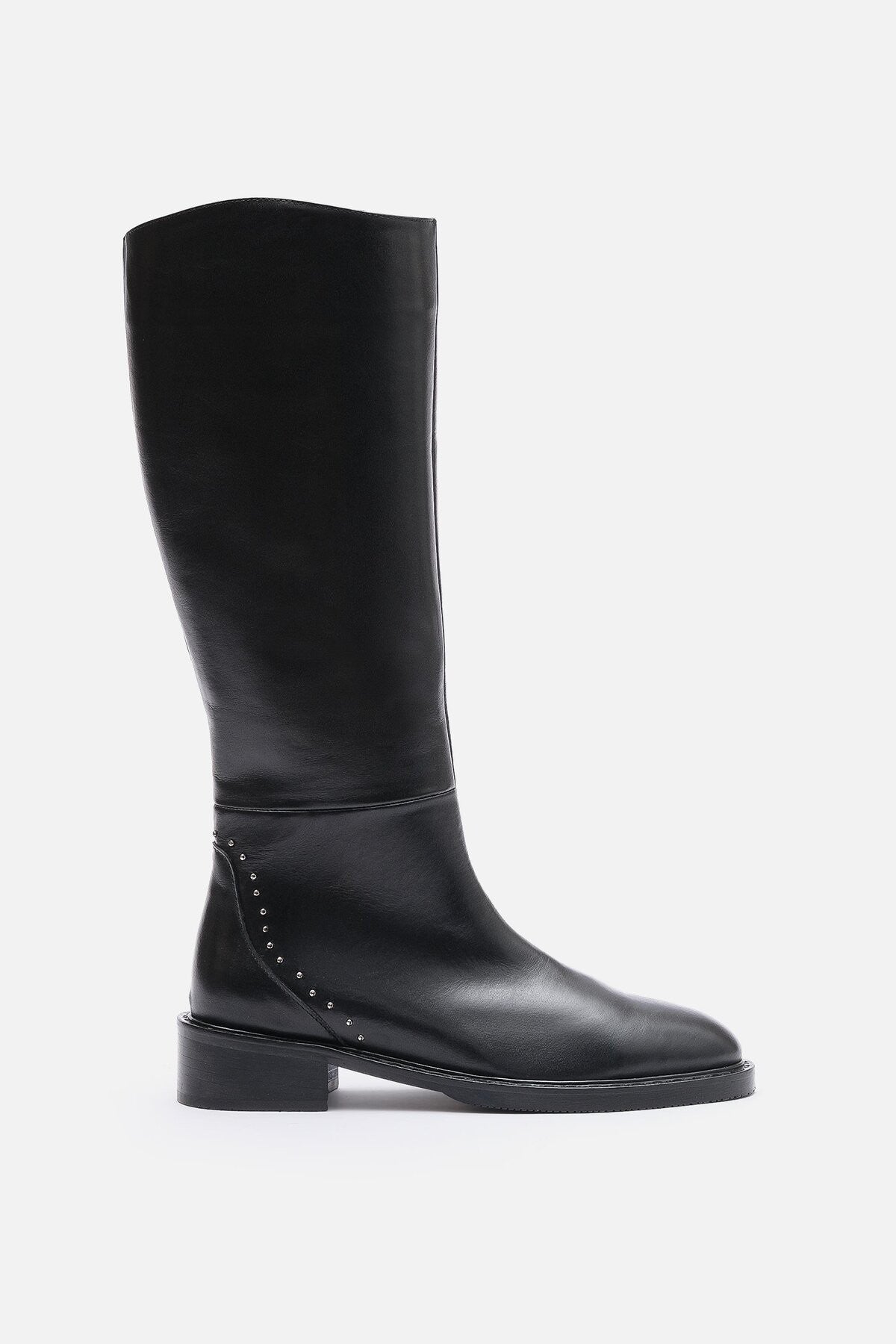 Rider Series Uzun Siyah Gerçek Deri Fermuarlı Baldır Lastikli Çizme