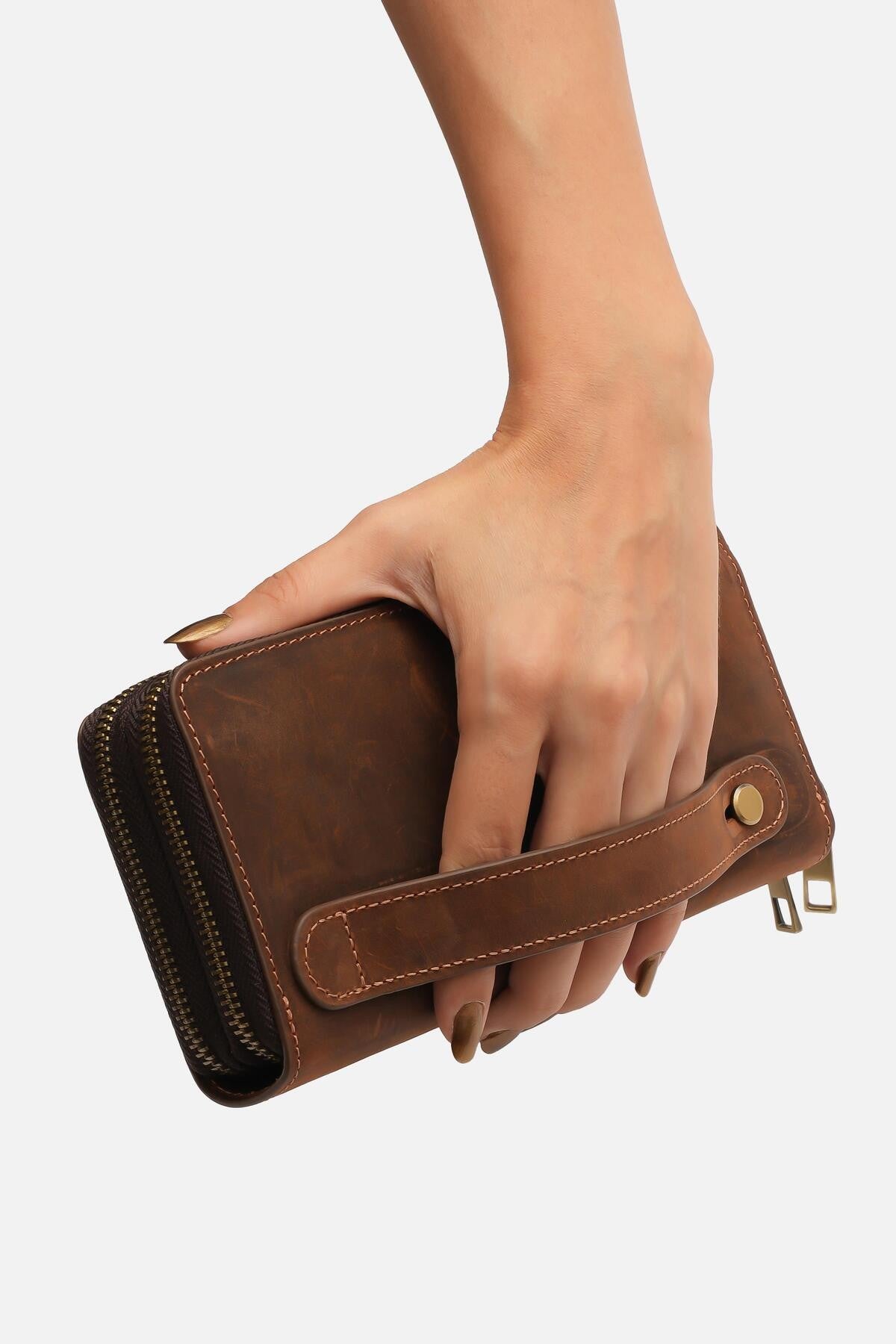 Lina Hakiki Crazy Deri Portföy El Çantası Çift Fermuarlı Model