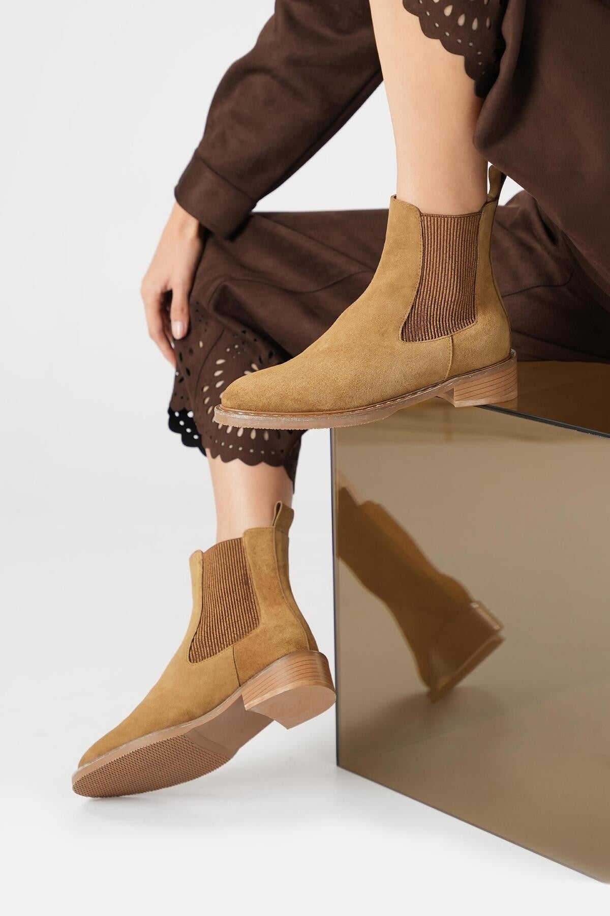 Ados Kadın Taba Süet %100 Gerçek Süet Deri Lastikli Bot
