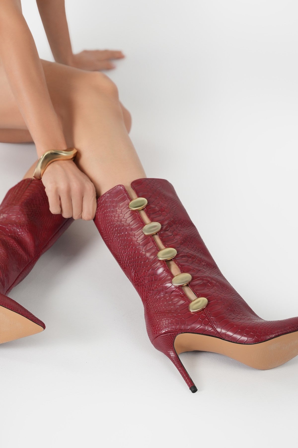 The Revıval Ornamet Kadın Kırmızı Yılan Baskılı Topuklu Çizme