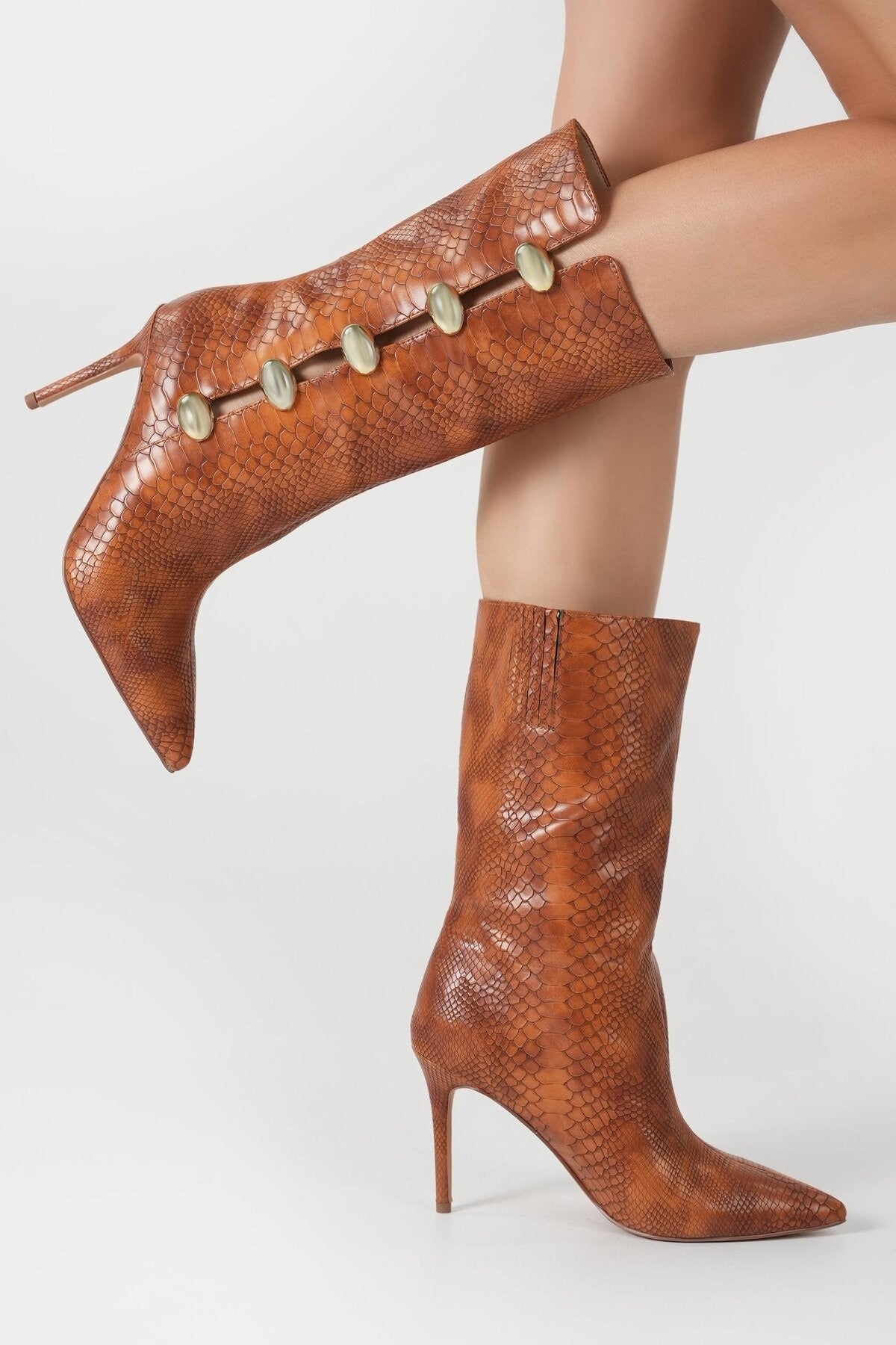 The Revival Ornamet Kadın Taba Yılan Baskılı Topuklu Çizme