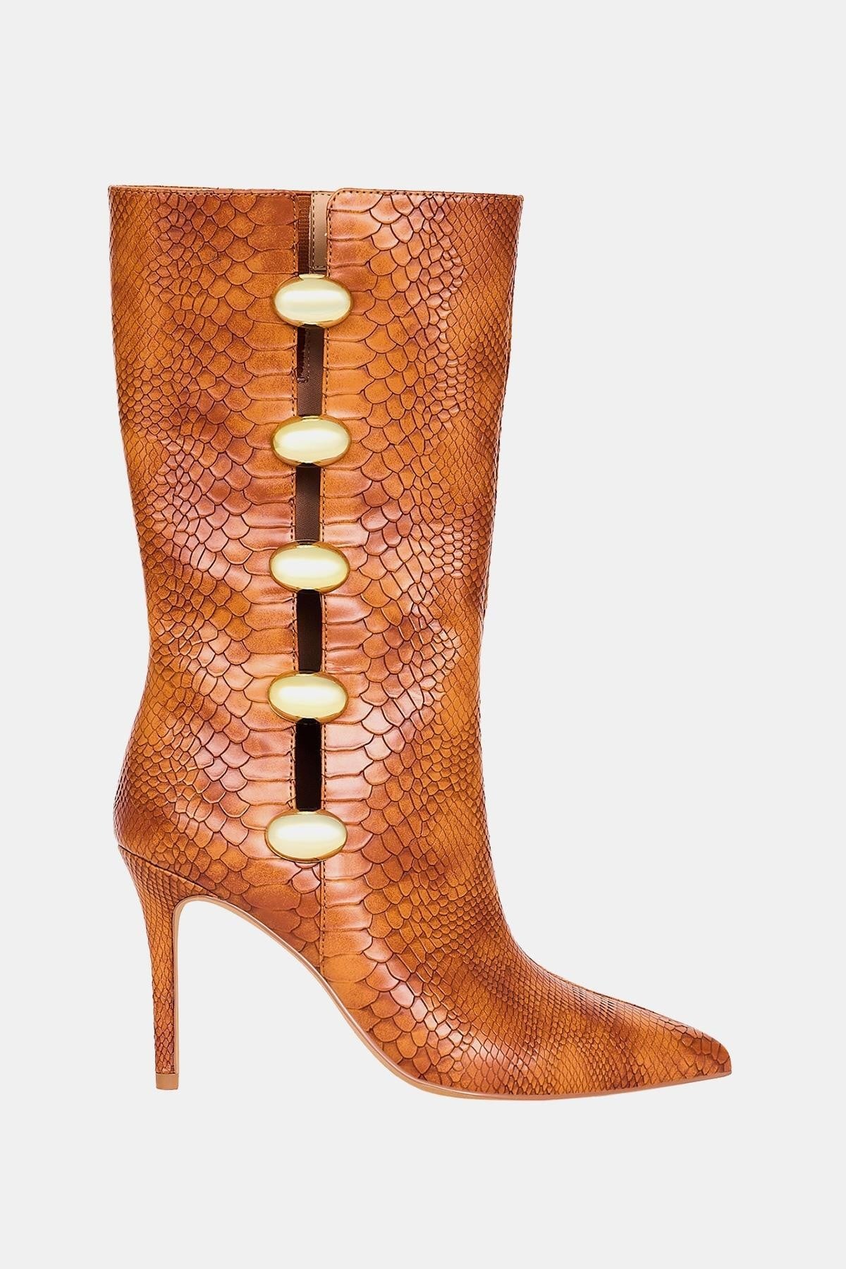The Revival Ornamet Kadın Taba Yılan Baskılı Topuklu Çizme